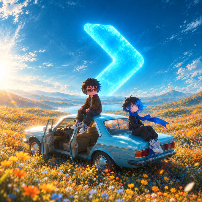 A serene anime-style illustration showing two characters resting on a vintage blue car in a vibrant field of orange and yellow wildflowers, with a glowing cyan arrow pointing forward in the sky—mirroring the optimistic "Gm CT" weekend greeting and symbolizing forward momentum into a productive new day.