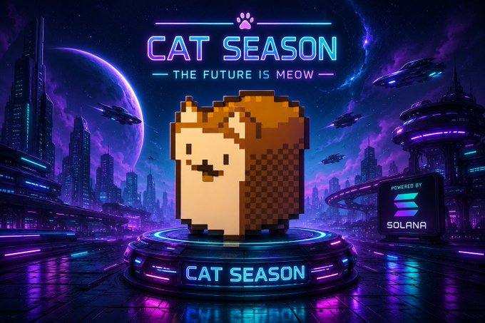 A futuristic neon cyberpunk promotional image titled 'CAT SEASON - THE FUTURE IS MEOW' featuring a pixelated cat character on a glowing platform, powered by Solana.