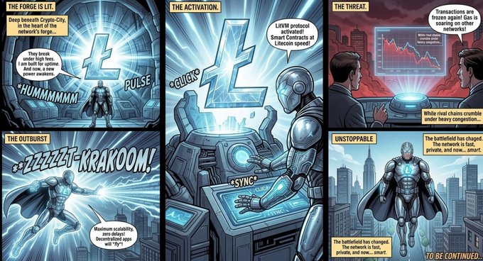 A six-panel comic shows a metallic superhero figure—the "Silver Guardian"—emerging from a deep subterranean forge beneath Crypto-City, activating a glowing "L" core with a L1VM protocol-powered Smart Contract, and unleashing an energy outburst that causes rival chain transactions to crash on a "Web rival chains graph," ultimately transforming into a flying, caped defender standing over the city skyline, with onomatopoeia like "PULSE," "*CLICK*," "*ZZZZZT-KRAKOOM!*" and "*SYNC*" and concluding "TO BE CONTINUED..."