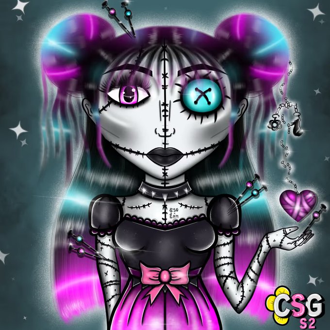 A digital illustration of a stitched ragdoll-like character with purple and cyan hair buns, one button eye and one X-marked eye, wearing a dark dress with a pink bow, featuring 'CSG S2' text in the corner.