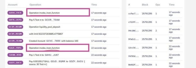 This image shows a Pi blockchain explorer log with several transactions, including two notable "Operation invoke_host_function" entries. These entries directly relate to the post, which highlights these specific operations as indicative of the Pi DeFi engine coming to life.