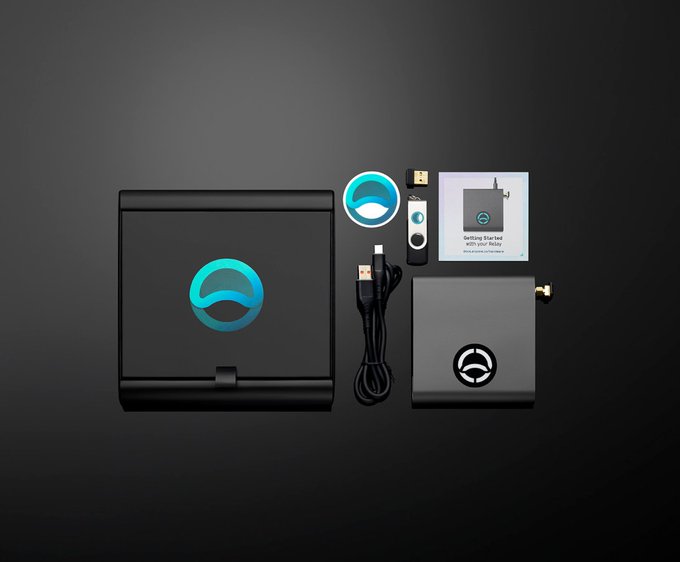 A product display shows a black electronic kit with a teal logo, including a main hub, USB drive, lanyard, a card reading 'Getting Started with your Relay', and a black square component.