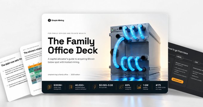 A presentation deck mockup titled 'The Family Office Deck' for Simple Mining, targeting family offices and private wealth, featuring a 3D illustration of a cryptocurrency mining rig with blue illuminated cooling tubes and statistics like $300M+ assets under management and 40,000+ machines hosted.
