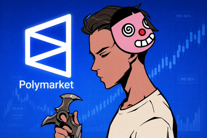 An illustration showing a person with a pink mischievous mask holding a shuriken next to the Polymarket logo, with background candlestick chart showing YES 64% and NO 36%.