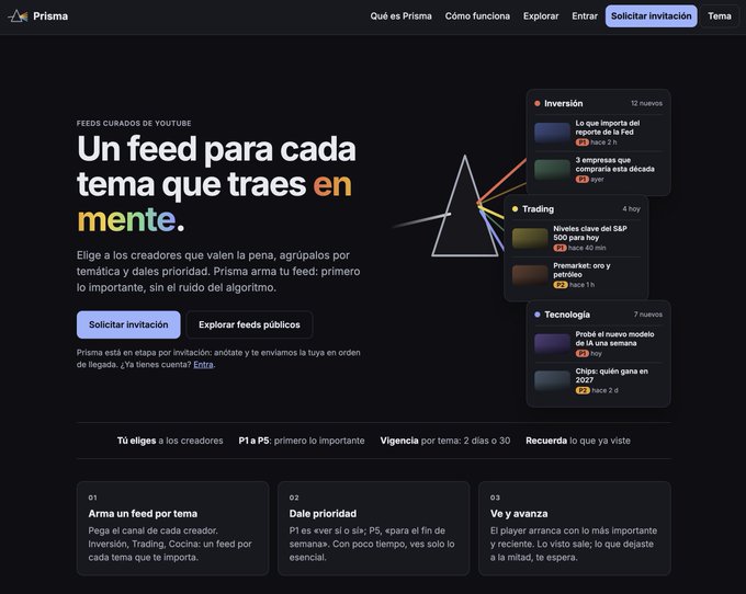 A Spanish landing page for Prisma features the headline "Un feed para cada tema que traes en mente" with sections for Inversión, Trading, and Tecnología feeds.