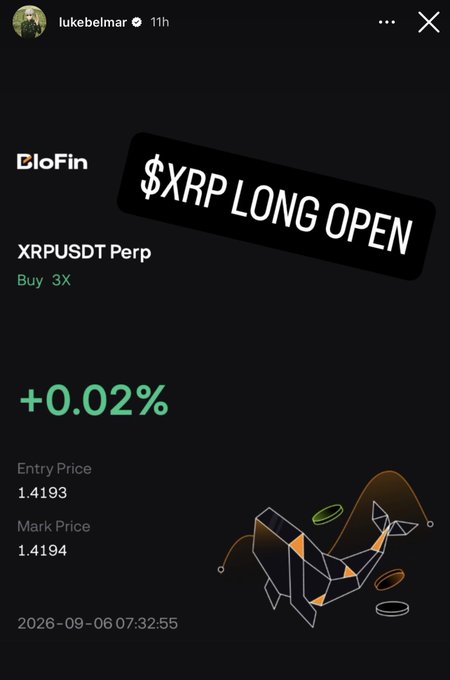 An Instagram story from "lukebelmar" shows a GloFin trading platform screenshot announcing a "$XRP LONG OPEN" position on the XRPUSDT Perp pair at 3X leverage, currently showing a +0.02% gain with an entry price of 1.4193 and mark price of 1.4194. The caption "Welcome to the good side" reinforces the celebratory tone of the new long position being opened on XRP.