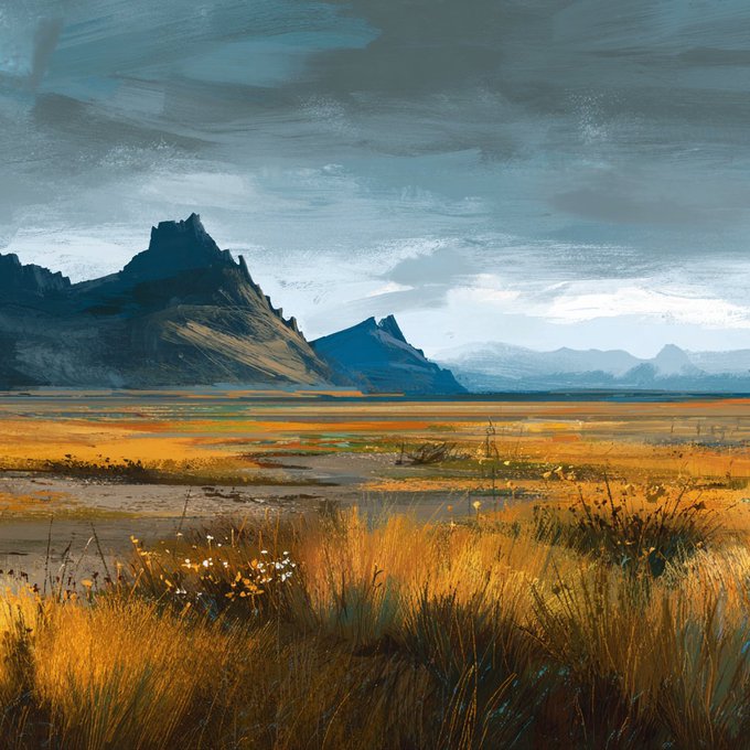 A painted landscape shows mountains rising above a golden grassland plain under a sweeping blue sky with dynamic clouds.
