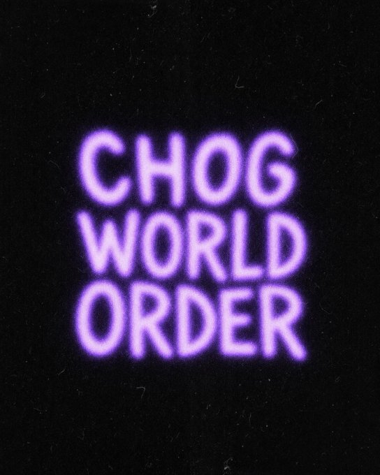 Glowing purple text reading "CHOG WORLD ORDER" on a black background, styled with a fuzzy neon aesthetic that fits the promotional context of the accompanying post highlighting $CHOG's price movement alongside $MON.