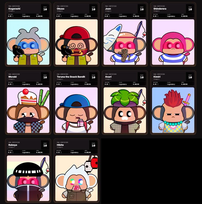 A collection of NFT character cards titled 'Chibi' with various names like 'Kogarashi', 'Okuso', 'Joan', and 'Terazo the Snack Bandit', all marked as 'FWN CERTIFIED' Legendary.