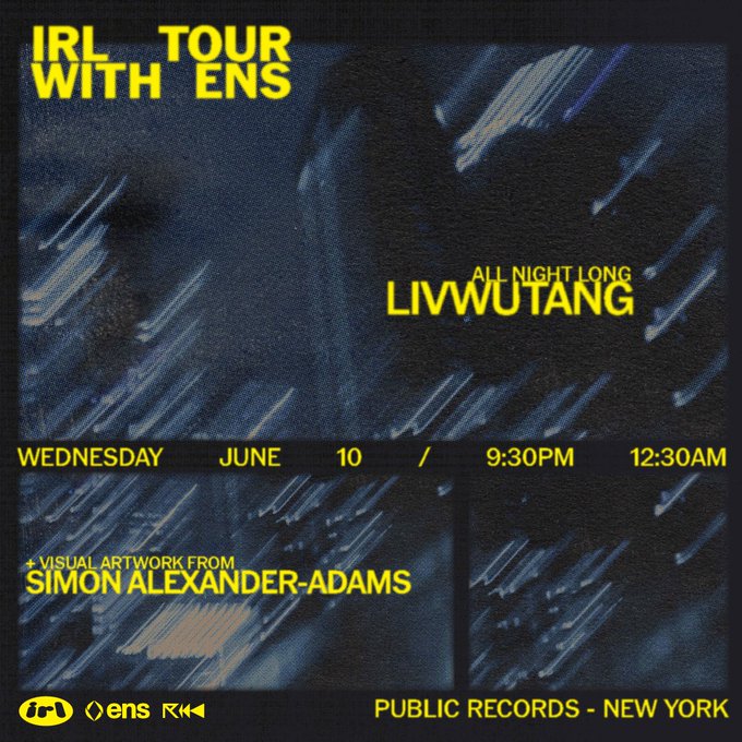 The image features an advertisement for an event called "IRL Tour WithENS" that takes place at a venue named "Public Records - New York". The event is scheduled for Saturday, June 10th, from 9:30pm to 12:30am. It aims to showcase live music and art during the late night hours of the weekend. The image also includes text about an artist named "Artwork From @Alexander-Adams" who will be performing at the event.