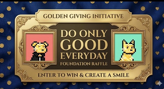 A promotional graphic for the "Golden Giving Initiative" featuring the "Do Only Good Everyday Foundation Raffle" with pixel-art dog portraits and the text "Enter to Win & Create a Smile," supporting the accompanying post's call for charitable entries with prizes of 2 Gold Shiny Doginal Dogs and a DDL Box.