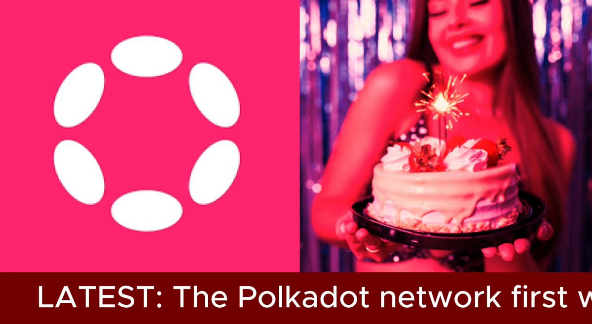 The image features a woman holding a cake with candles on top, surrounded by text elements related to the Polkadot network's history. The text includes information about the network's creation date, its current age (6 years), and the number of transactions it has accumulated over time.