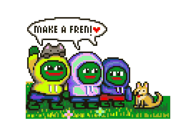 Pixel art illustration of three characters in hoodies standing in grass with a small dog, with a speech bubble saying 'MAKE A FREN!'