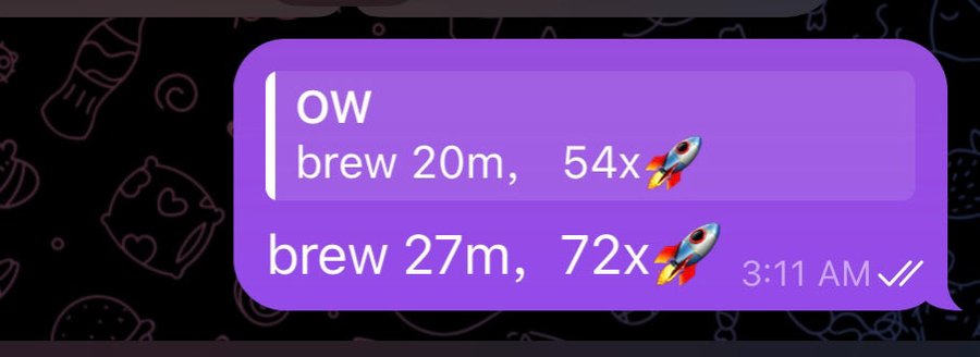 A Telegram-style chat message at 3:11 AM reports "brew 20m, 54x 🚀" and "brew 27m, 72x 🚀" (which are highlighted), illustrating the dramatic rise in $brew's burn rate multiplier discussed in the accompanying post about the token's increased burn activity and potential collaboration with Cake.