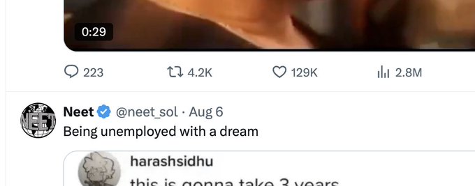 The image shows a tweet from verified user "Neet" (@neet_sol) dated August 6, captioned "Being unemployed with a dream," which has garnered 223 comments, 4.2K retweets, 129K likes, and 2.8M views. A reply from user "harashsidhu" jokingly says "this is gonna take 3 years," humorously reinforcing the post's theme about unemployed crypto fans spending years waiting for a token to gain value.