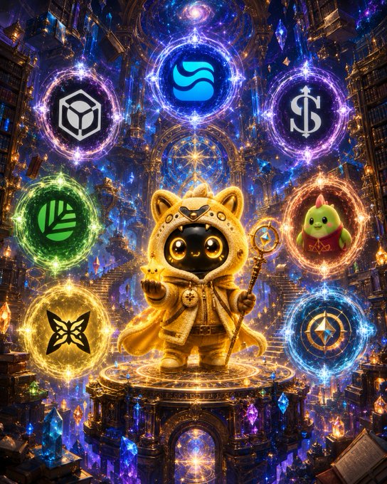 A cute cat character in a wizard/golden outfit holding a staff, surrounded by glowing orbs containing various cryptocurrency logos (including Sui, a dollar sign, EGLD, a green coin, and others) in a magical cosmic setting.