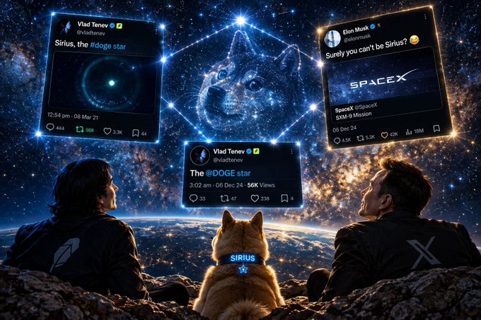 A digital artwork shows two people and a doge (labeled "SIRIUS") gazing up at a starry sky featuring a constellation shaped like the Doge/Shiba Inu meme, surrounded by floating X/Twitter posts from @vladtenev ("Sirius, the #doge star" and "The @DOGE star") and Elon Musk's @elonmusk ("Surely you can't be Sirius? 😂"). The image visually reinforces the post's claim that Sirius is "the #doge star," tying together the celestial dog constellation, Dogecoin ($DOGE), and SpaceX's SX-Mission as referenced in Elon Musk's tweet.
