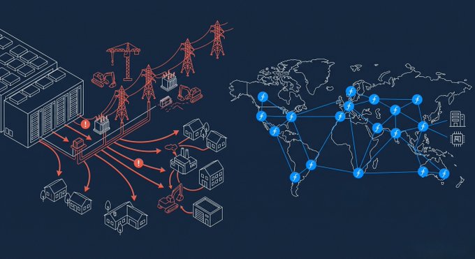 The image depicts a stylized infographic contrasting local power distribution—showing a data center connected via transmission lines to nearby houses and businesses (highlighted in red/orange)—with a global network map (in blue) showing interconnected nodes spanning continents, mirroring Filecoin's worldwide, decentralized storage infrastructure.