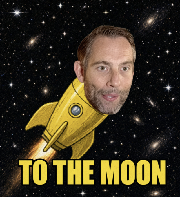 A meme image showing a man's face edited onto a yellow rocket ship flying through space, with the text 'TO THE MOON' displayed prominently at the bottom.