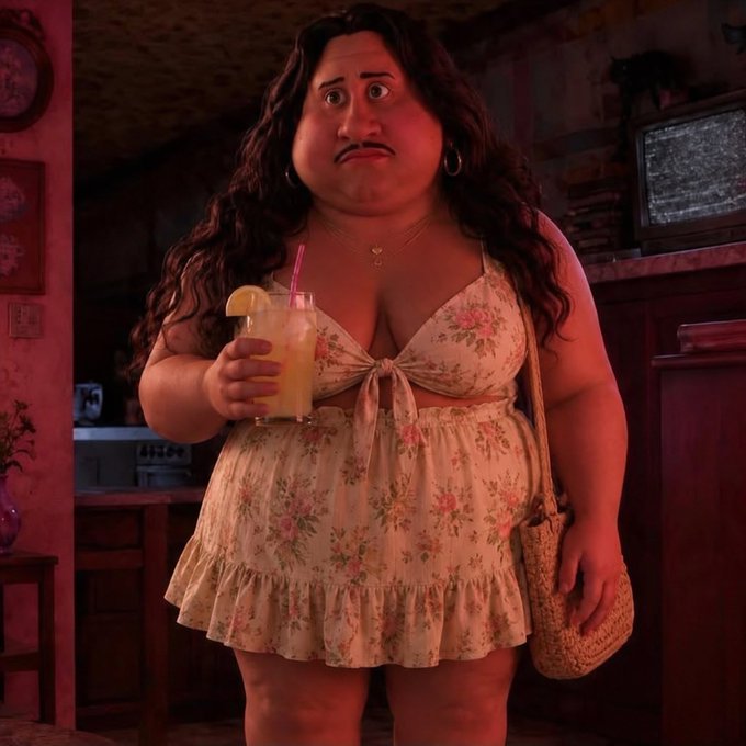 An animated, stylized character with long wavy hair and a mustache wears a floral bikini top and skirt, holding a drink.