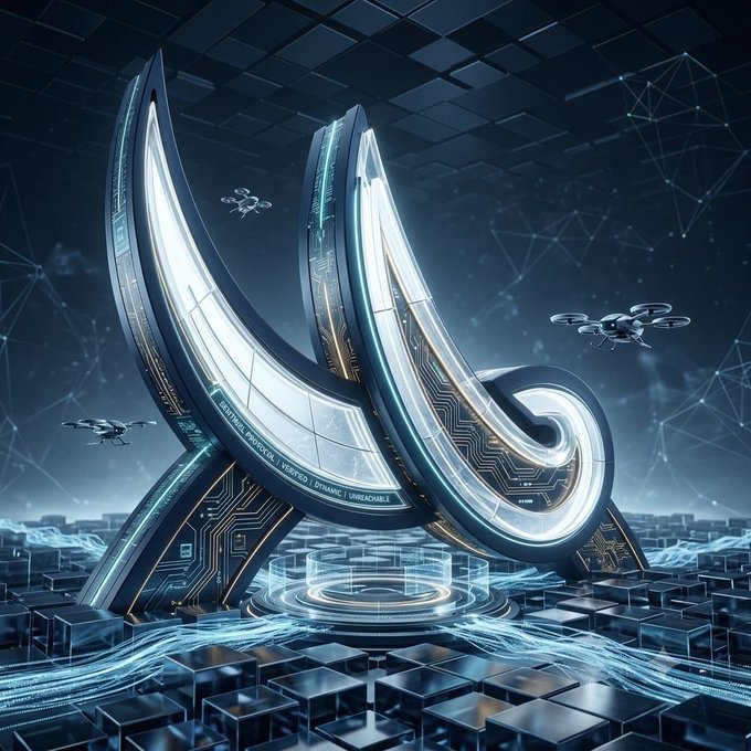 A futuristic 3D digital artwork featuring a large glowing letter 'M' monument with drones flying around it in a high-tech landscape.