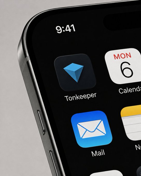 A close-up of a smartphone home screen in dark mode displays several app icons, including Tonkeeper (a blue diamond-shaped logo), Calendar showing "MON 6," and Mail. The angle highlights the apps' placement and is well-suited for a poll asking which is the most used app on your phone, as the layout invites quick comparison between Tonkeeper, Calendar, and Mail.