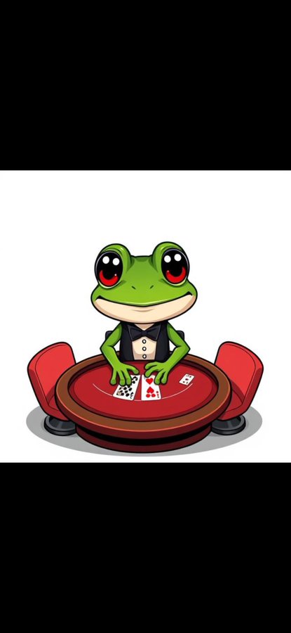 A cartoon illustration of a green frog wearing a black vest, sitting at a red circular poker table and holding playing cards, with two red chairs positioned on either side.