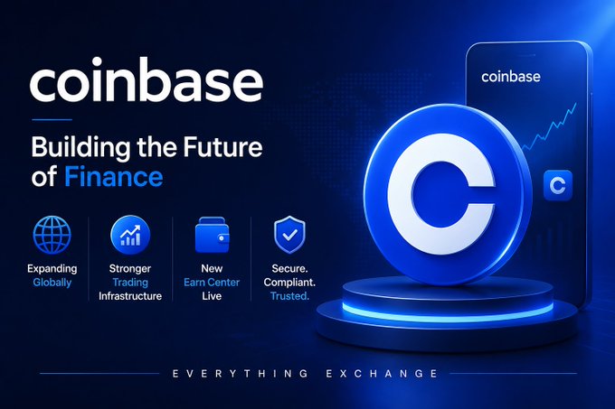 A Coinbase promotional graphic with the tagline 'Building the Future of Finance' and 'EVERYTHING EXCHANGE,' featuring icons for 'Expanding Globally,' 'Stronger Trading Infrastructure,' 'New Earn Center Live,' and 'Secure. Compliant. Trusted.'