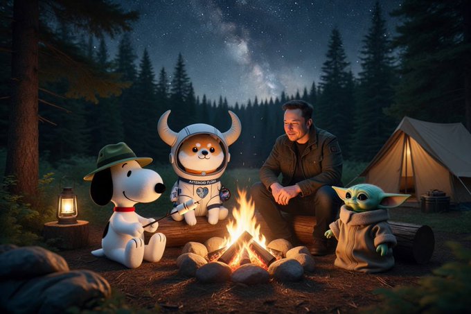 The image features four cartoon characters sitting around a campfire, including a man wearing a space helmet and a dog with a hat on its head. The other two characters are also dressed up for the occasion. One of them has a Star Wars theme, while the other is a character from the movie "Yoda." They all appear to be enjoying their time together around the campfire in a forest setting at night.

The post seems to be discussing the differences between a meme and an actual product or service. The meme features four cartoon characters sitting around a fire with a dog wearing a space helmet, while the post emphasizes that this is not what actually exists. It highlights the distinction between something that appears in a meme format as opposed to a real-life scenario.
