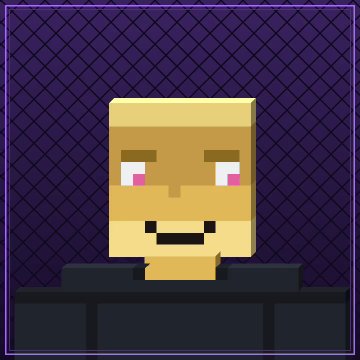 A pixel-art style Minecraft character with pinkish eyes and a small smile is shown against a dark purple patterned background.