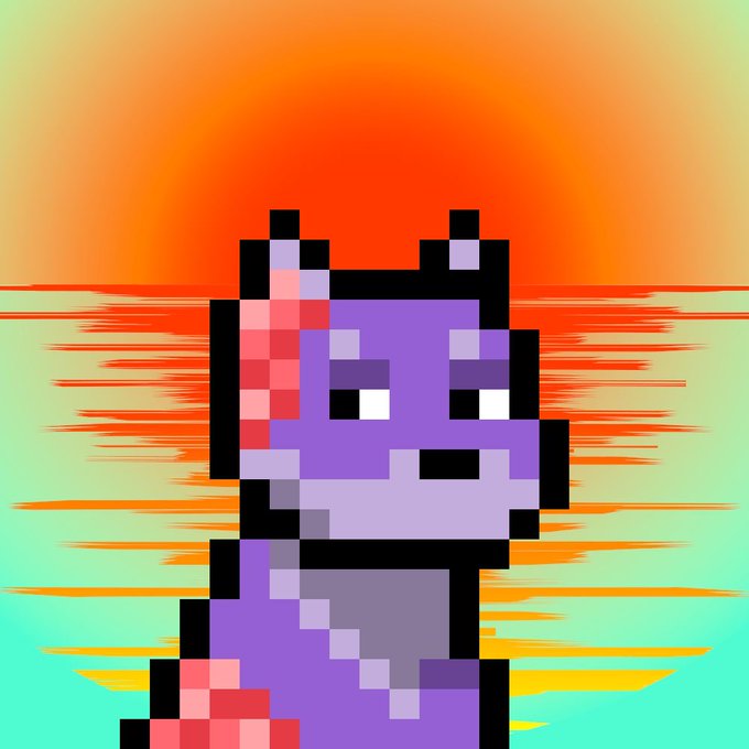 A pixel art illustration of a purple unicorn-like creature against a vibrant sunset over water.