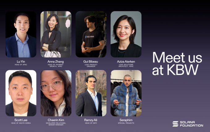 The image showcases the Solana Foundation team attending Korea Blockchain Week (KBW), featuring headshots and names of team members including Lu Yin, Anna Zhang, Gui Bibeau, Aziza Alekten, Scott Lee, Chaerin Kim, Ramzy Ali, and Seraphim, alongside the Solana Foundation logo and a "Meet us at KBW" message, promoting their presence at the Seoul-based blockchain event.