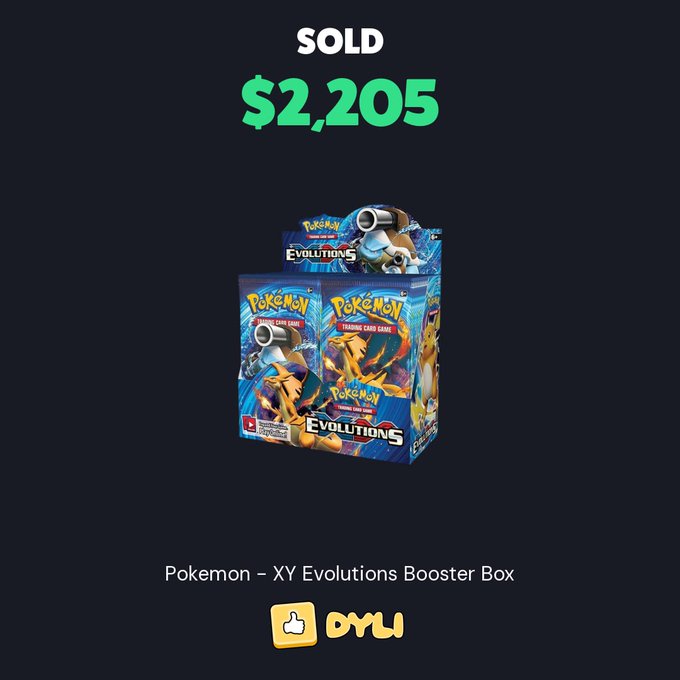 A promotional graphic for OYLI showing a 'SOLD' listing for $2,205 of a Pokemon - XY Evolutions Booster Box against a dark background.