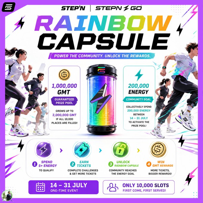 A promotional graphic for Step'n x Step'n Go's 'Rainbow Capsule' event running 14-31 July, featuring a 1,000,000 GMT prize pool and 200,000 energy community goal.