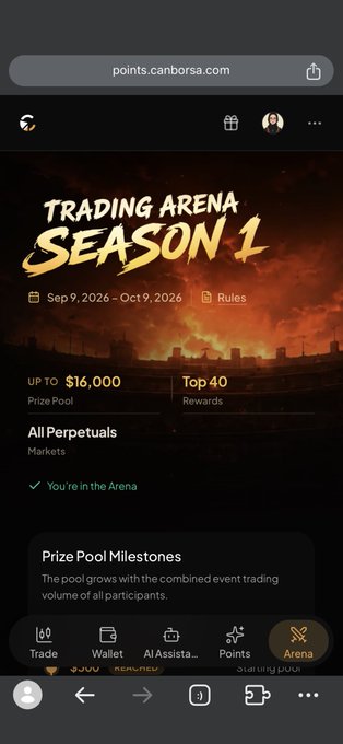 A mobile screenshot of points.canborsa.com displaying a 'TRADING ARENA SEASON 1' promotion from Sep 9, 2026 - Oct 9, 2026, with a prize pool of up to $16,000.