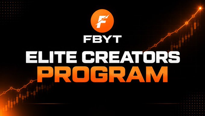 The image is a promotional graphic for the "FBYT Elite Creators Program," featuring the FBYT logo and bold text against a black background with an upward-trending orange stock chart. It visually reinforces the post's call to action by highlighting the program's name and tying it to themes of financial growth and trading success.