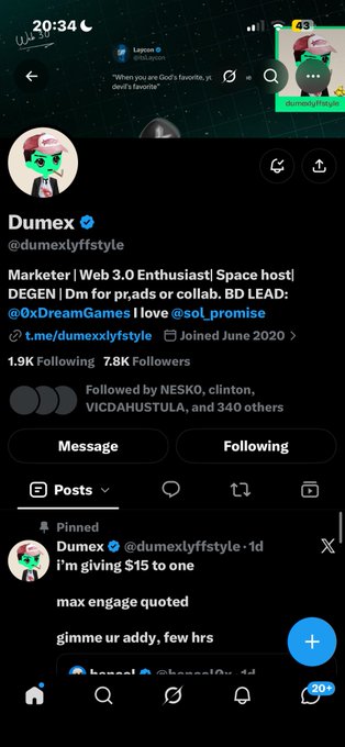 A screenshot of a social media profile for "Dumex" (@dumexlyffstyle), showing a bio that includes "Marketer | Web 3.0 Enthusiast | Space host" and "1.9K Following 7.8K Followers".