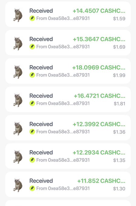 A list of crypto transaction receipts showing received CASHC amounts ranging from +11.852 to +18.0969 (roughly $1.30 to $1.99 each) from the address 'Oxea58e3...e87931'.
