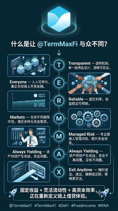 A dark blue infographic for @TermMaxFi breaking down the acronym TERMMAX into features: Transparent, Everyone, Reliable, Markets, Managed Risk, Always Yielding, and Exit Anytime, with Chinese translations and DeFi hashtags.