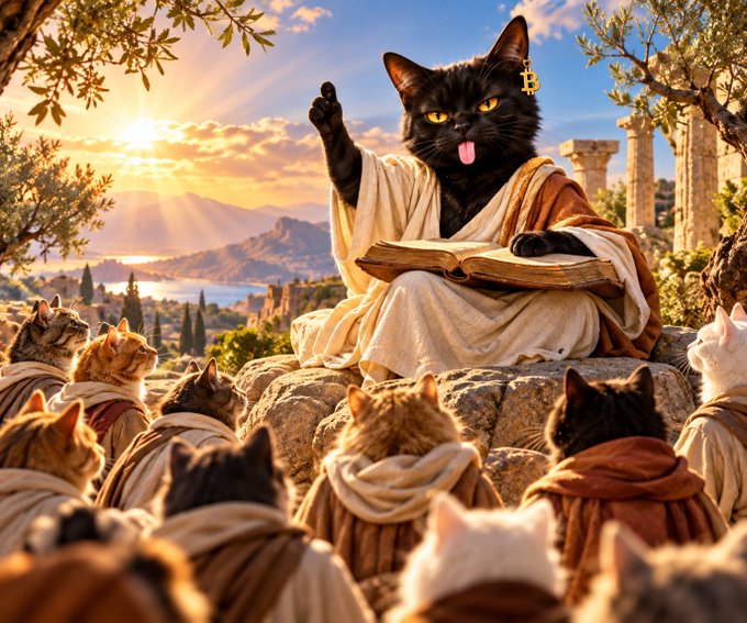 A whimsical illustration of a black cat dressed as a philosopher or teacher in robes, sitting on a stone platform with a book, raising one paw, and surrounded by cats dressed as disciples listening attentively in a classical Mediterranean-style setting.