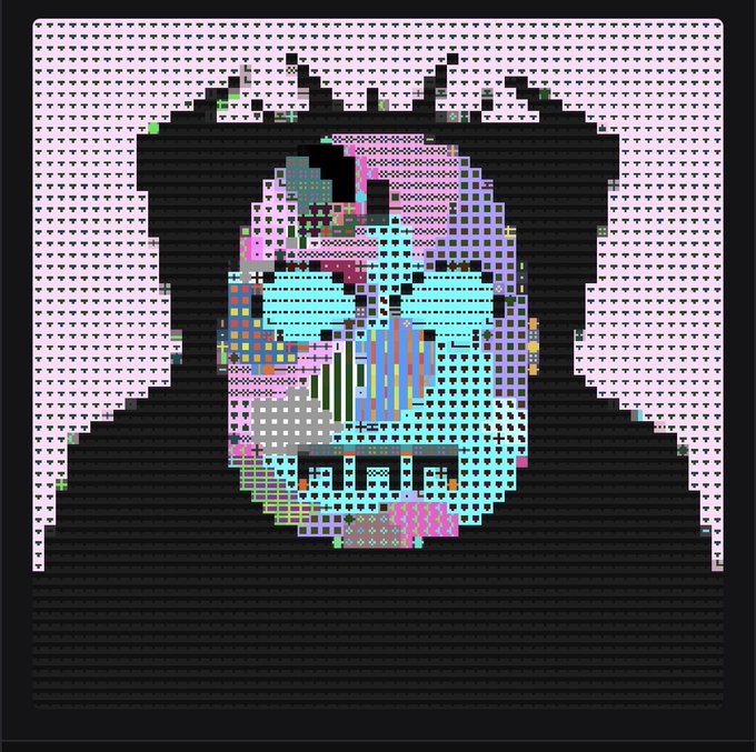 A pixelated glitch-art style portrait of a man with a beard, rendered in black with colorful cyan, pink, and purple digital artifacts forming his face.