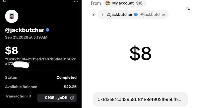 Two screenshots showing a completed $8 transaction on Cash App sent from 'My account' to @jackbutcher, displaying the transaction hash, status, and available balance.