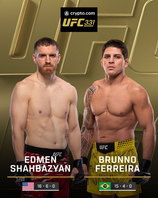 This is a UFC 331 fight poster featuring Edmen Shahbazyan (16-6-0, USA) and Brunno Ferreira (15-4-0, Brazil) facing off shirtless with the Crypto.com logo at the top, promoting the matchup mentioned in the post that's now streaming live on Paramount+.