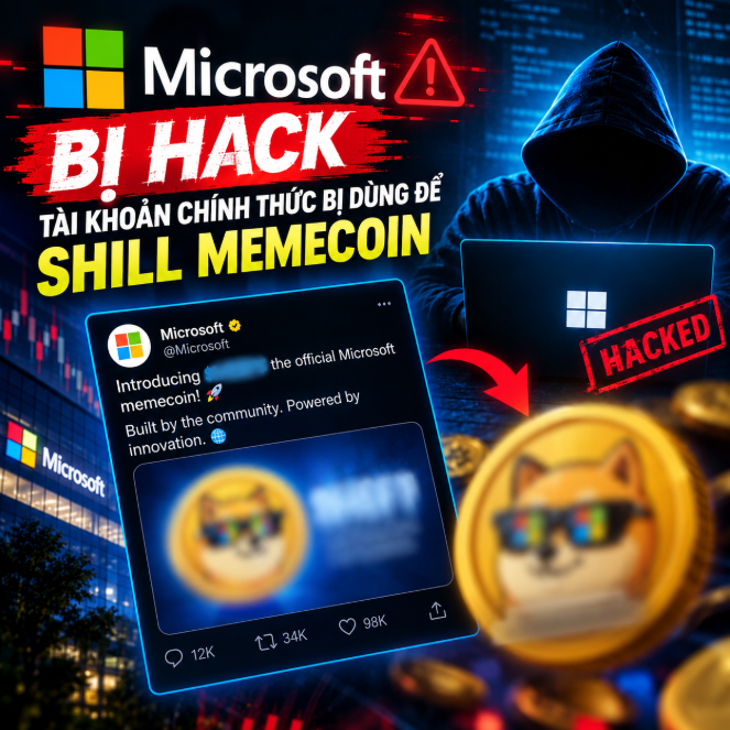 A graphic claiming Microsoft was hacked, showing a tweet from @Microsoft introducing a memecoin, alongside a hooded hacker figure, a 'HACKED' stamp, and Doge coins, with Vietnamese text reading 'Microsoft B! HACK' and 'Tài khoản chính thức bị dùng để shill memecoin'.