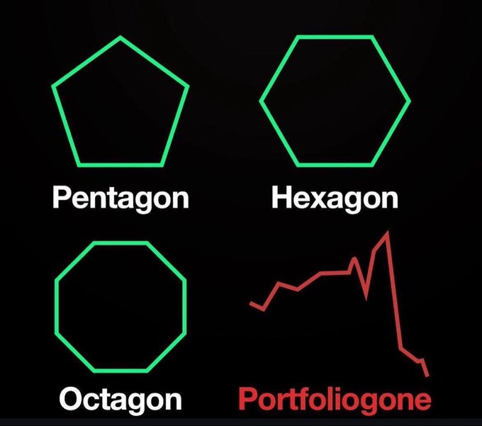 A meme showing geometric shapes labeled 'Pentagon', 'Hexagon', and 'Octagon' alongside a red declining stock chart labeled 'Portfoliogone'.
