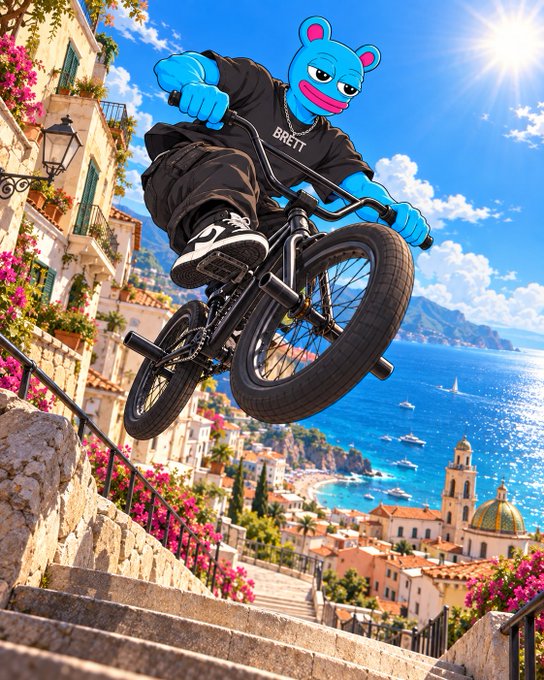 An AI-created digital artwork showing a blue cartoon bear wearing a black shirt with 'BRETT' on it, performing a BMX stunt on stone stairs overlooking a coastal Mediterranean town.