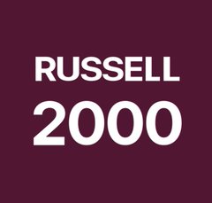 A maroon graphic with bold white text reading 'RUSSELL 2000'.