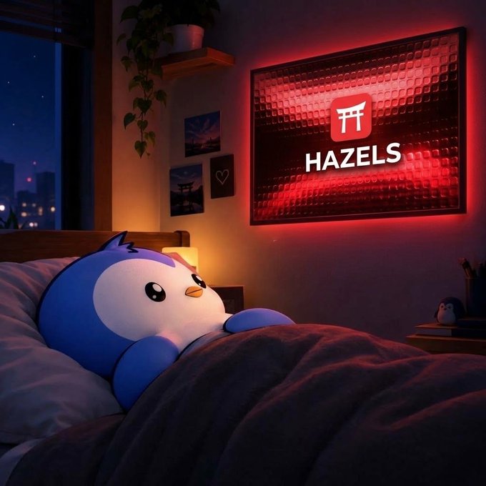 A cozy bedroom scene at night featuring a penguin plush toy in bed under blankets, with a glowing red neon sign on the wall displaying a Japanese torii gate symbol and the text 'HAZELS'