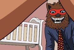 A cartoon illustration shows a brown furry creature in a pinstripe suit and red mask with a wide grin, standing near a crib.