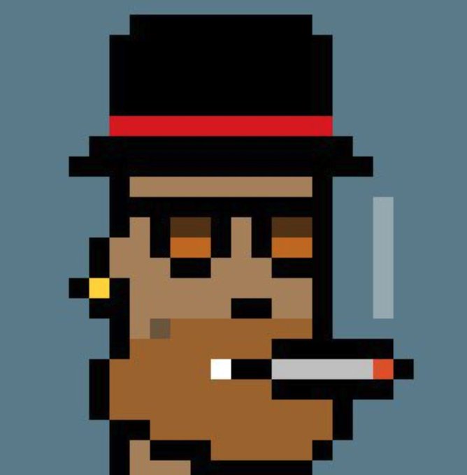An 8-bit pixel art character wearing a black top hat with a red band, holding a cigarette and a knife, set against a teal background.
